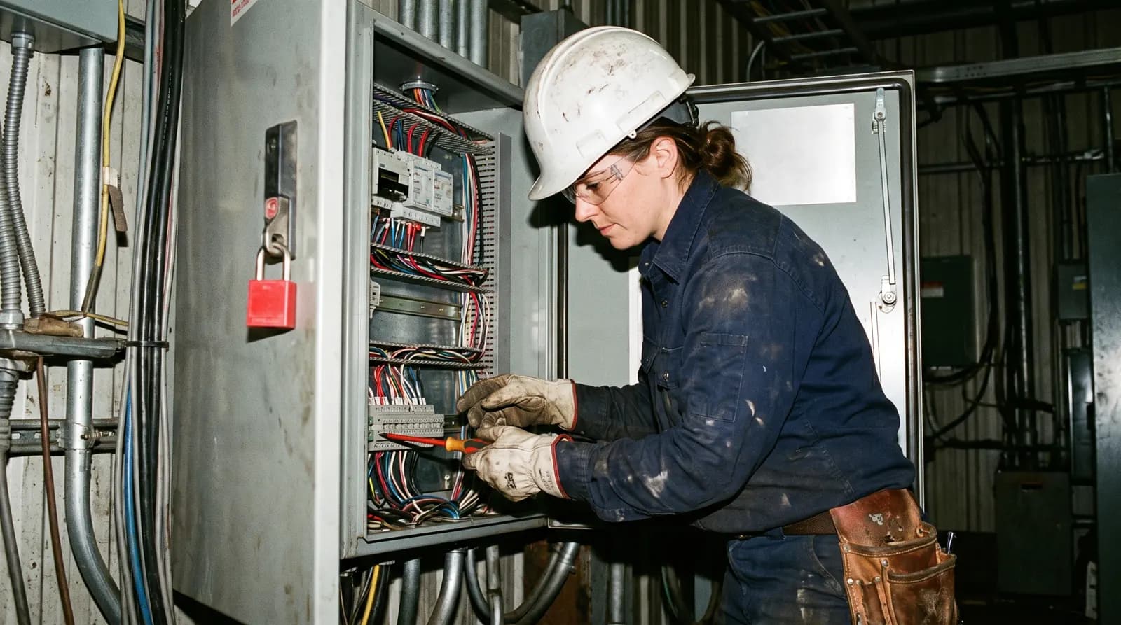 Journeyperson industrial electrician terminating wires in a locked-out control cabinet.