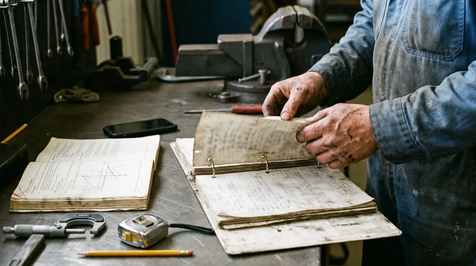 Millwright turning a page of a worn binder of handwritten notes on a shop workbench, beside an open manual, a phone and a micrometer.