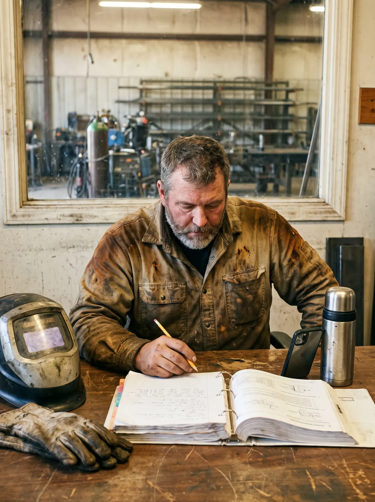 Welder studying a binder of notes in a shop lunchroom after a shift, phone propped beside him.